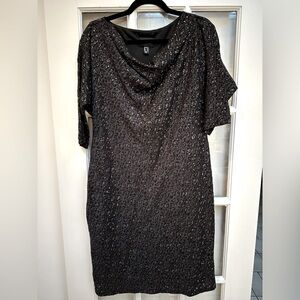 Adrianna Papell Black Silver Metallic Leopard Print 3/4 Sleeve Dress Size 14 L